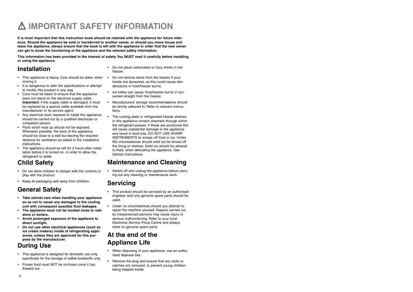 Important safety information, Installation, Child safety | General safety, During use, Maintenance and cleaning, Servicing, At the end of the appliance life | Electrolux ERB 3023 User Manual | Page 18 / 20