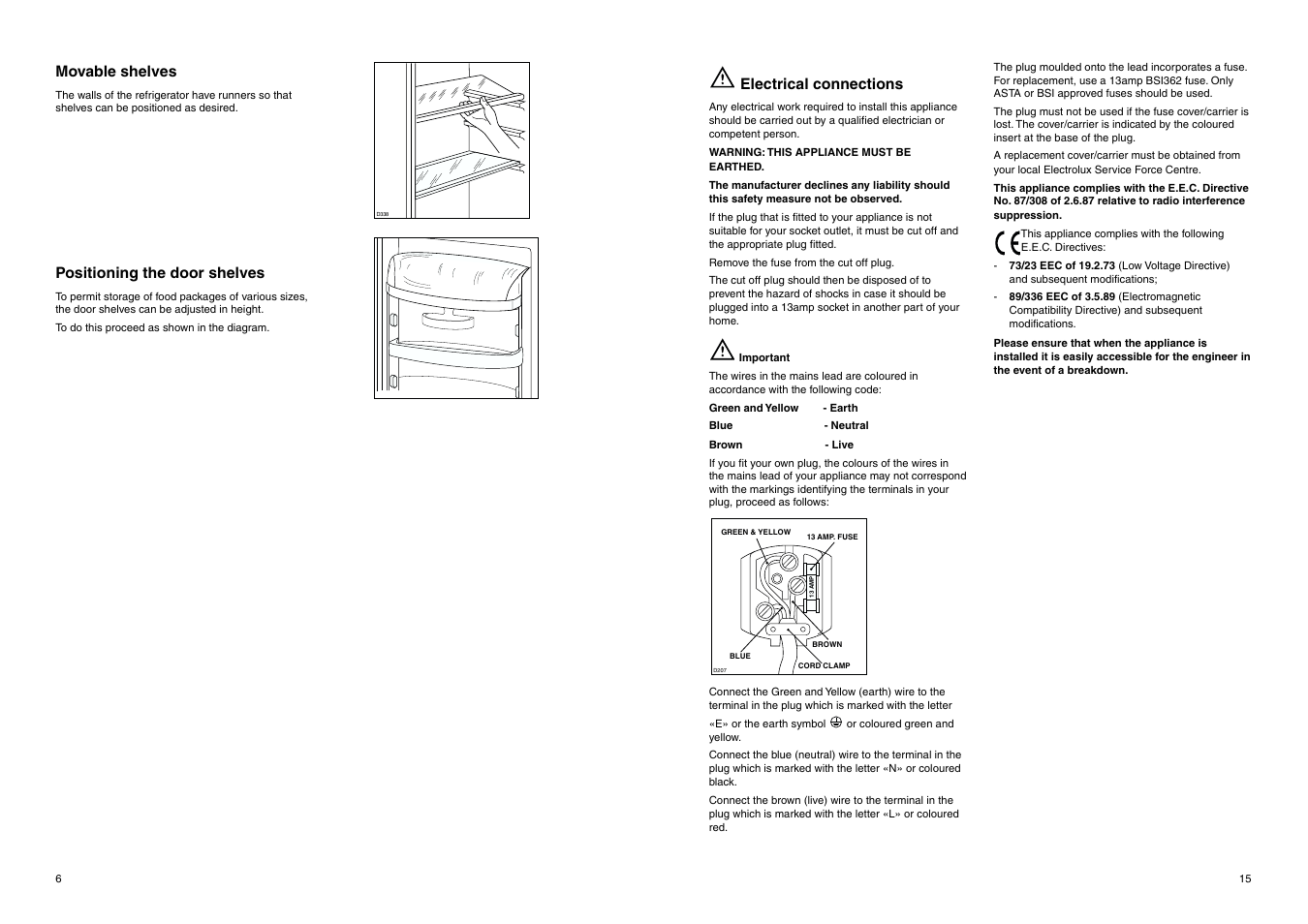 Movable shelves, Positioning the door shelves, Electrical connections | Electrolux ERB 3023 User Manual | Page 6 / 20