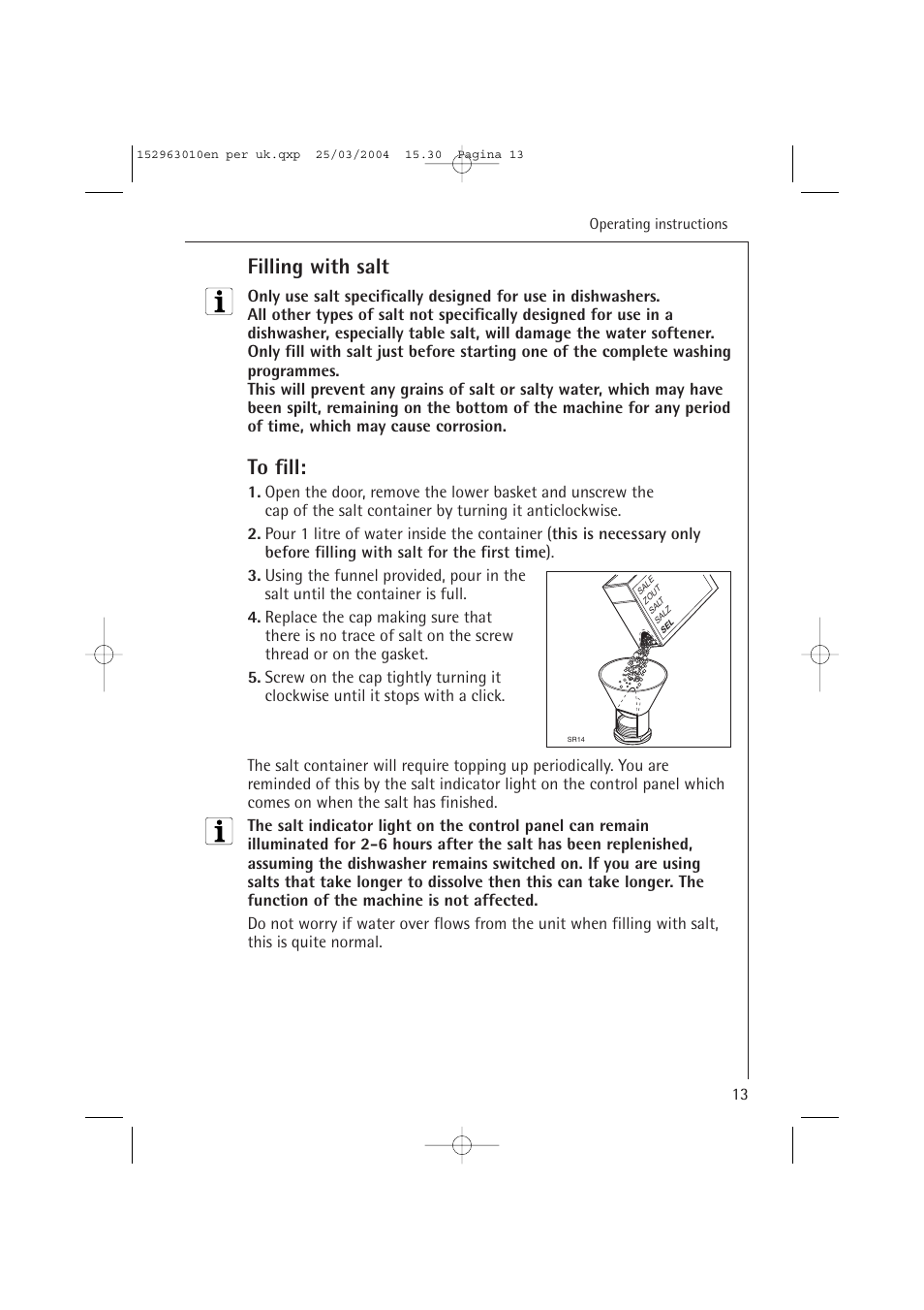 Filling with salt | Electrolux 44450 User Manual | Page 13 / 48