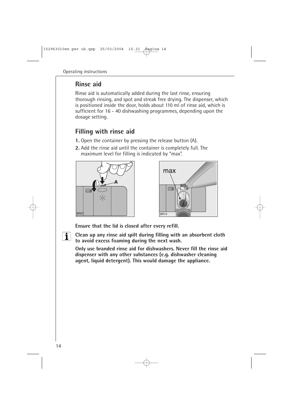 Rinse aid, Filling with rinse aid | Electrolux 44450 User Manual | Page 14 / 48