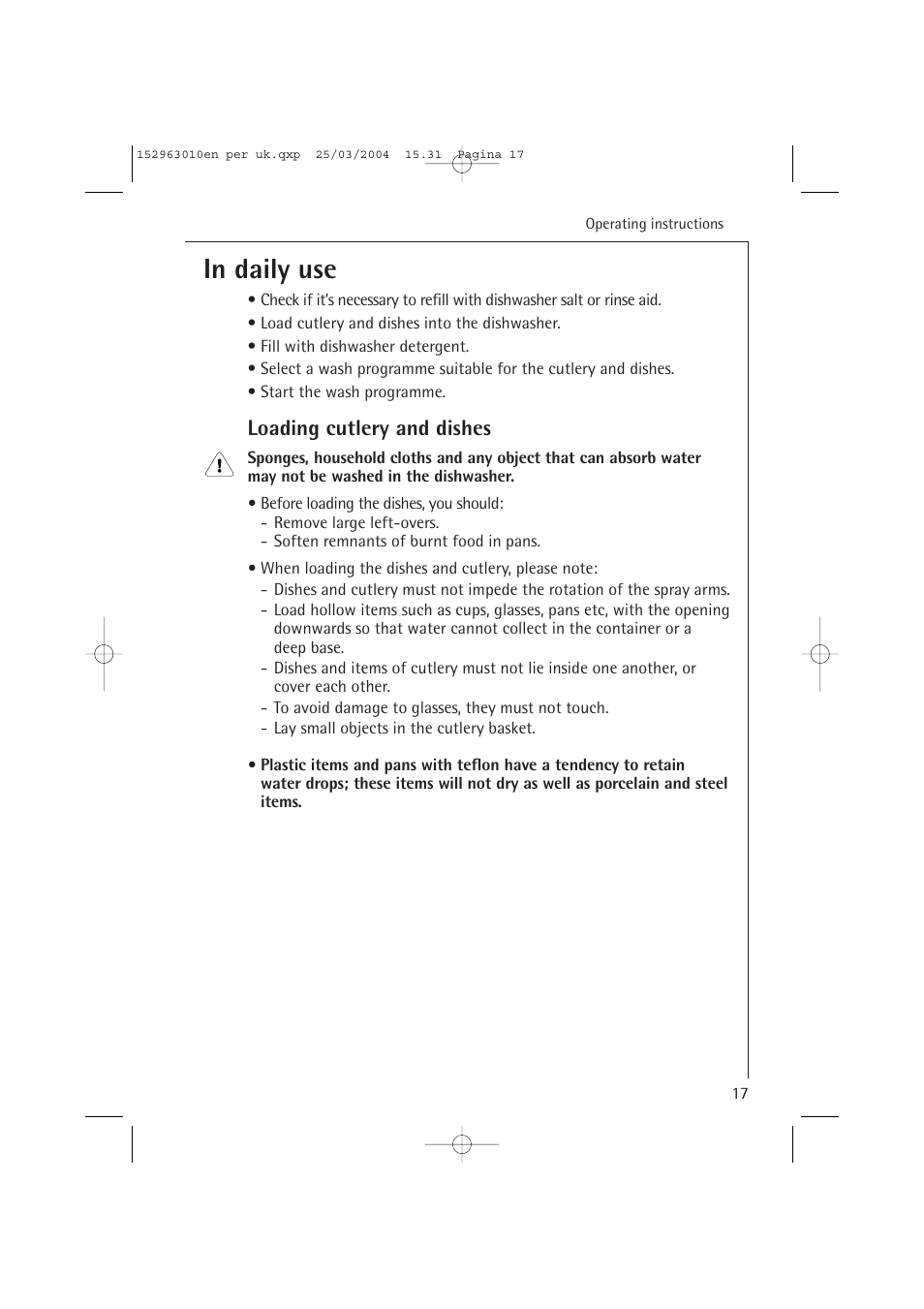 Loading cutlery and dishes | Electrolux 44450 User Manual | Page 17 / 48