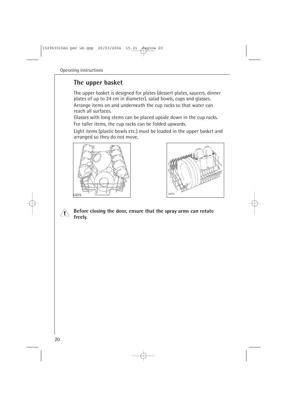 The upper basket | Electrolux 44450 User Manual | Page 20 / 48