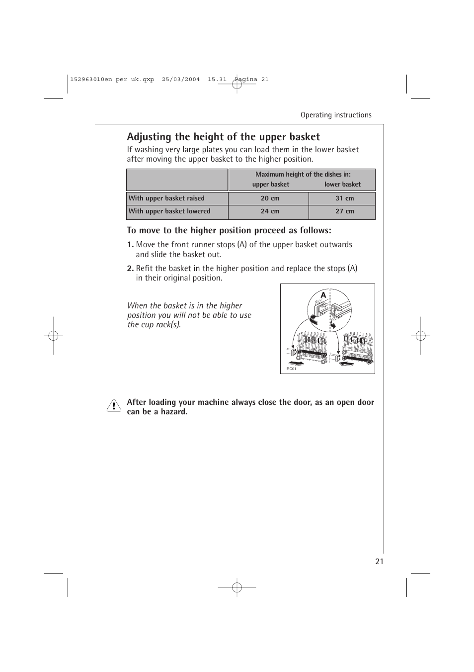 Adjusting the height of the upper basket | Electrolux 44450 User Manual | Page 21 / 48