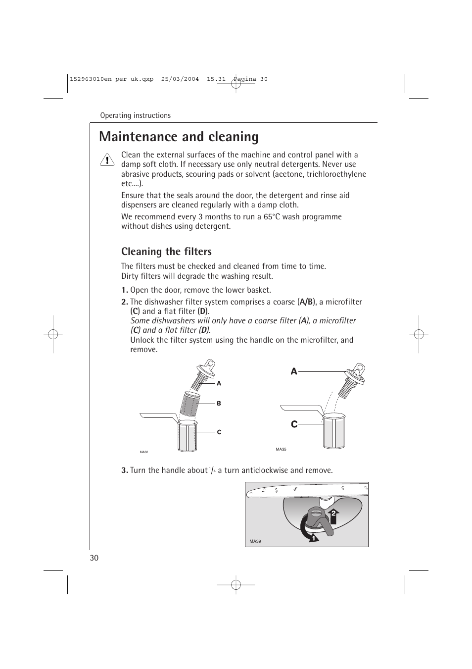 Maintenance and cleaning, Cleaning the filters | Electrolux 44450 User Manual | Page 30 / 48