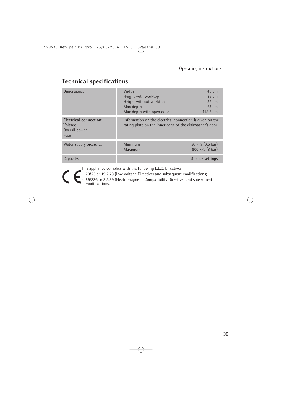 Technical specifications | Electrolux 44450 User Manual | Page 39 / 48