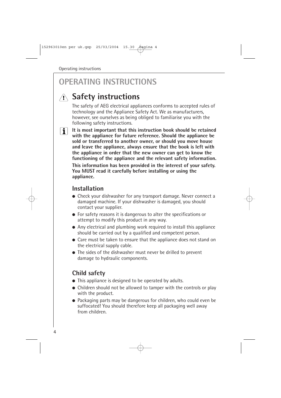 Operating instructions safety instructions, Installation, Child safety | Electrolux 44450 User Manual | Page 4 / 48