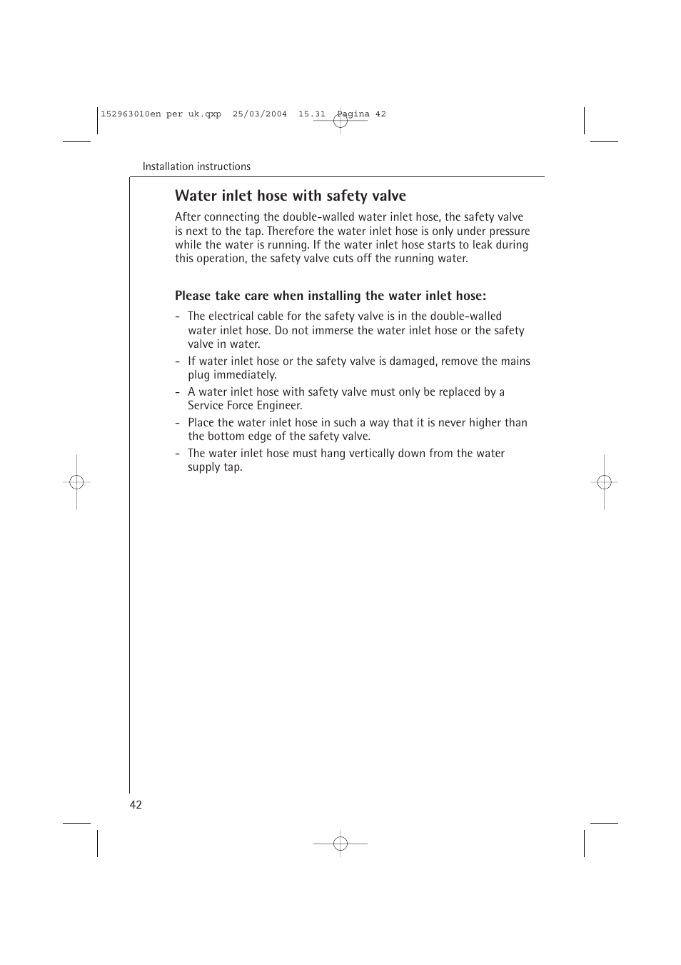Water inlet hose with safety valve | Electrolux 44450 User Manual | Page 42 / 48