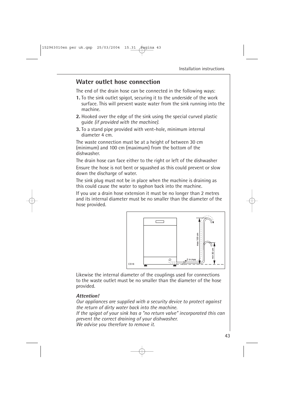 Water outlet hose connection | Electrolux 44450 User Manual | Page 43 / 48