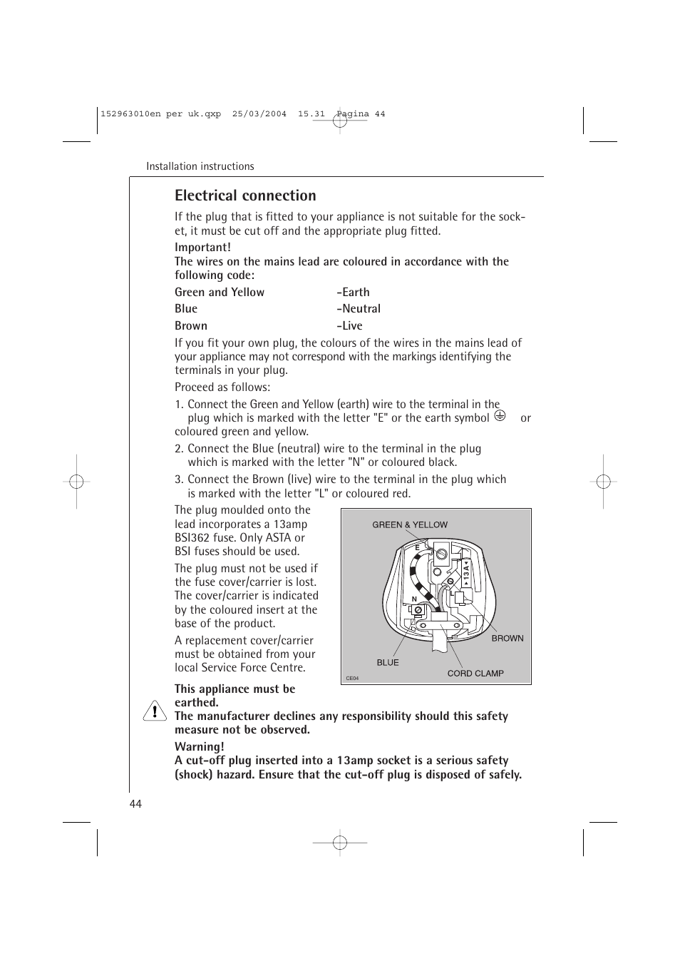 Electrical connection | Electrolux 44450 User Manual | Page 44 / 48