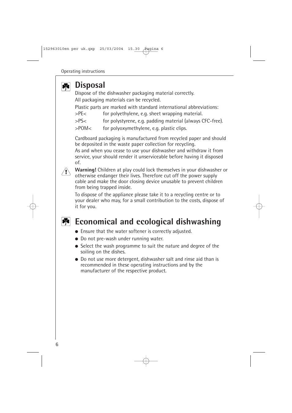 Disposal, Economical and ecological dishwashing | Electrolux 44450 User Manual | Page 6 / 48