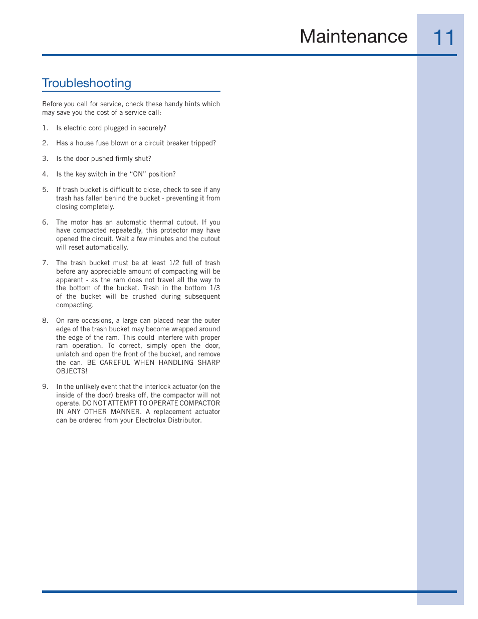 Maintenance, Troubleshooting | Electrolux 99526808A User Manual | Page 11 / 36