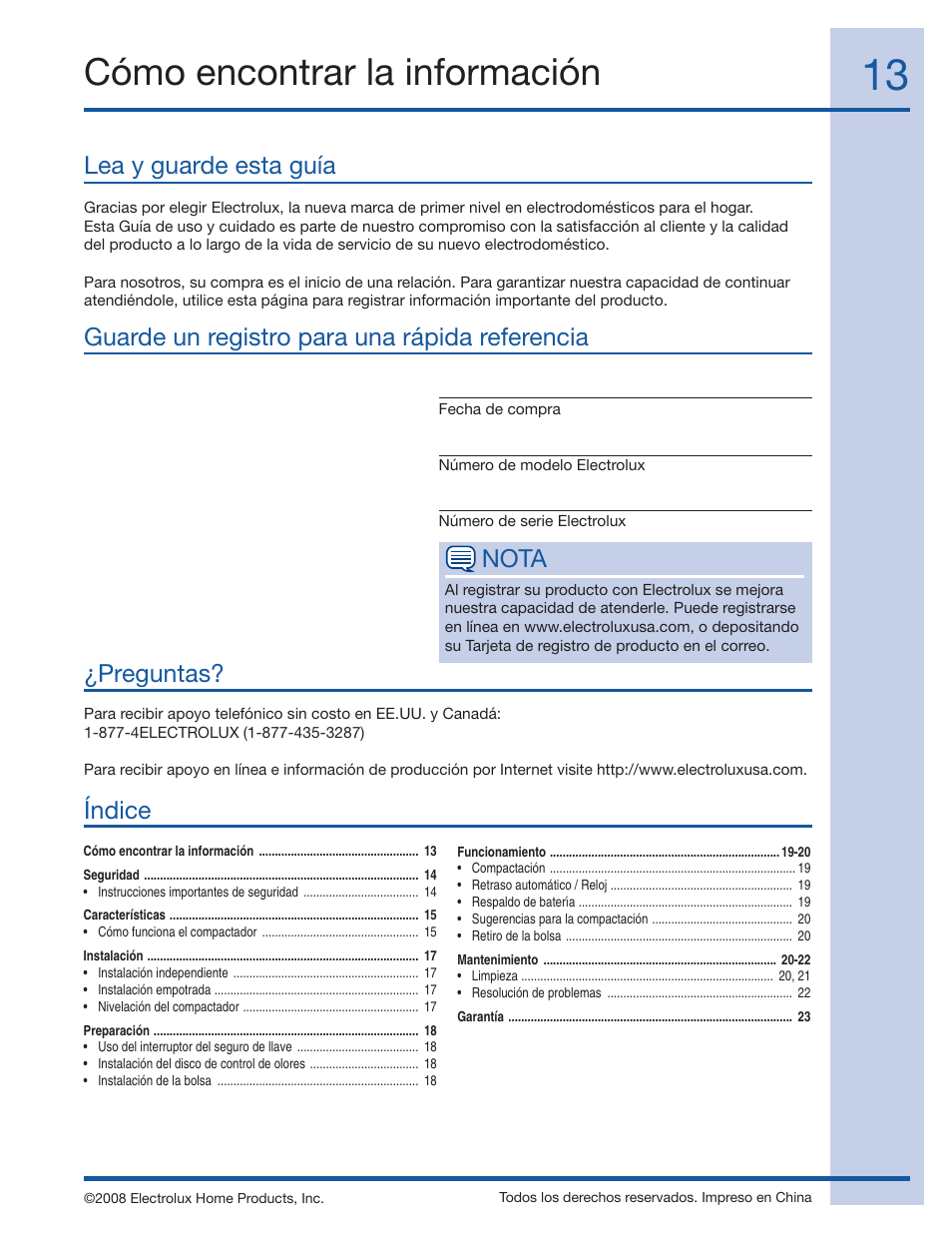 Cómo encontrar la información, Lea y guarde esta guía, Guarde un registro para una rápida referencia nota | Preguntas, Índice | Electrolux 99526808A User Manual | Page 13 / 36