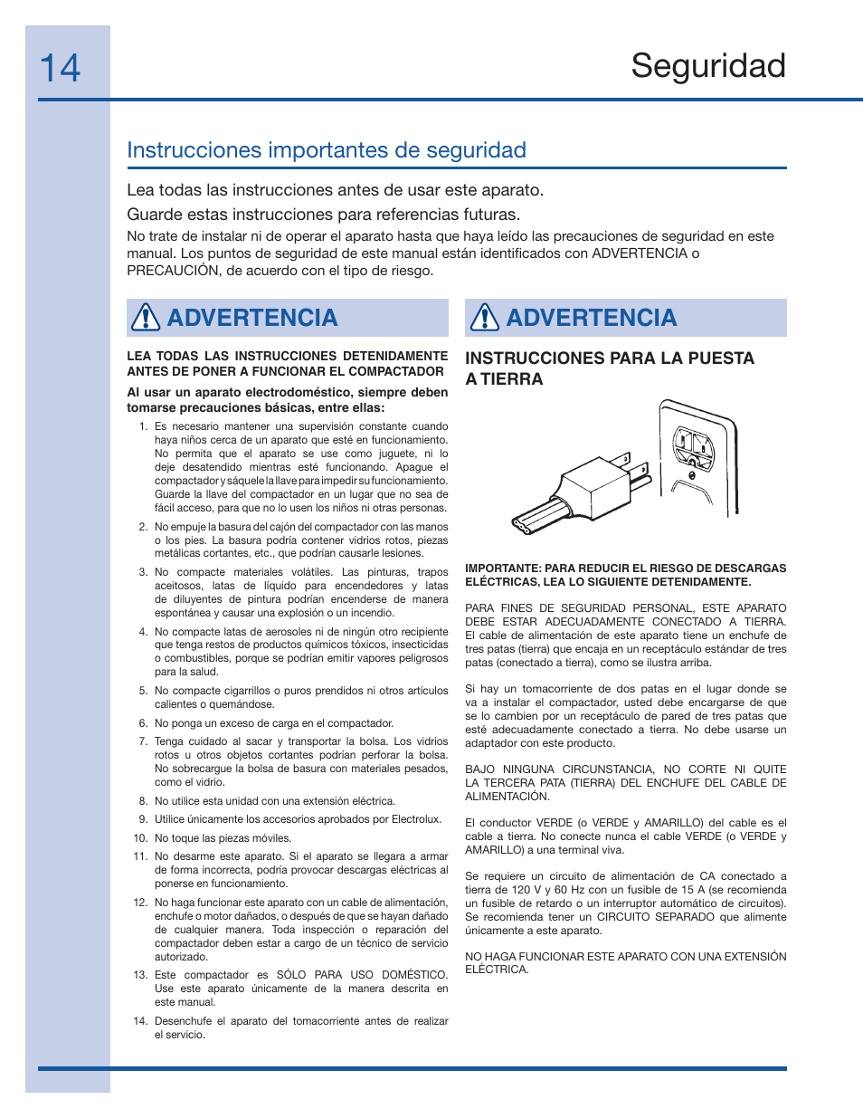 Seguridad, Advertencia, Instrucciones importantes de seguridad | Electrolux 99526808A User Manual | Page 14 / 36