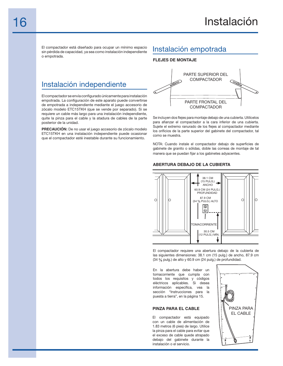 Instalación, Instalación independiente instalación empotrada | Electrolux 99526808A User Manual | Page 16 / 36