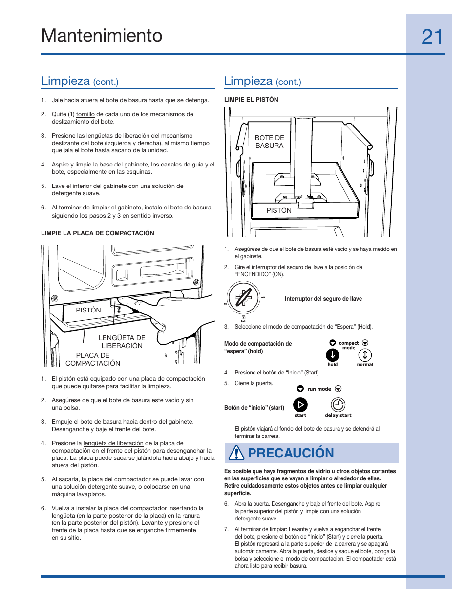 Mantenimiento, Precaución, Limpieza | Cont.) | Electrolux 99526808A User Manual | Page 21 / 36