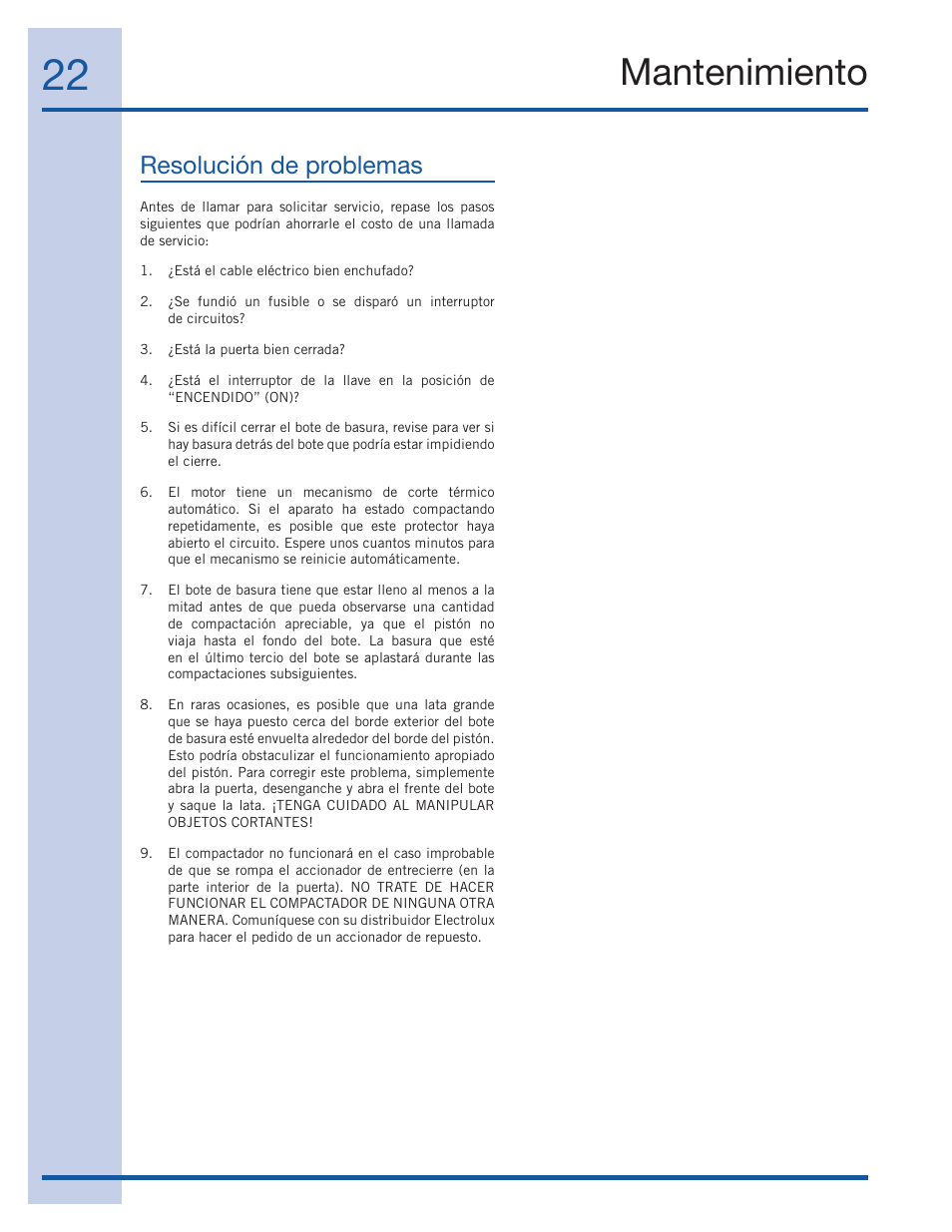 Mantenimiento, Resolución de problemas | Electrolux 99526808A User Manual | Page 22 / 36