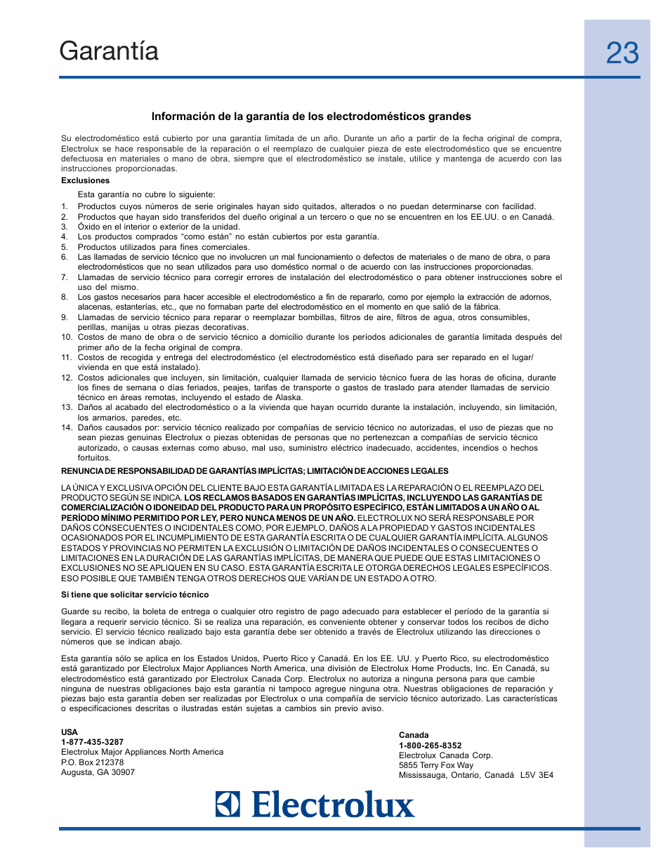 Garantía | Electrolux 99526808A User Manual | Page 23 / 36