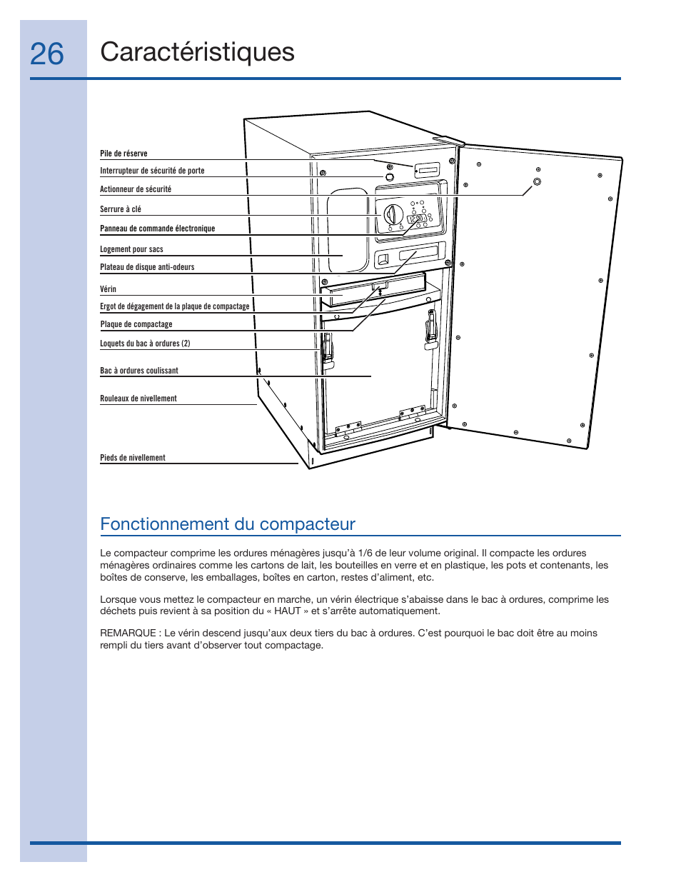 Caractéristiques, Fonctionnement du compacteur | Electrolux 99526808A User Manual | Page 26 / 36