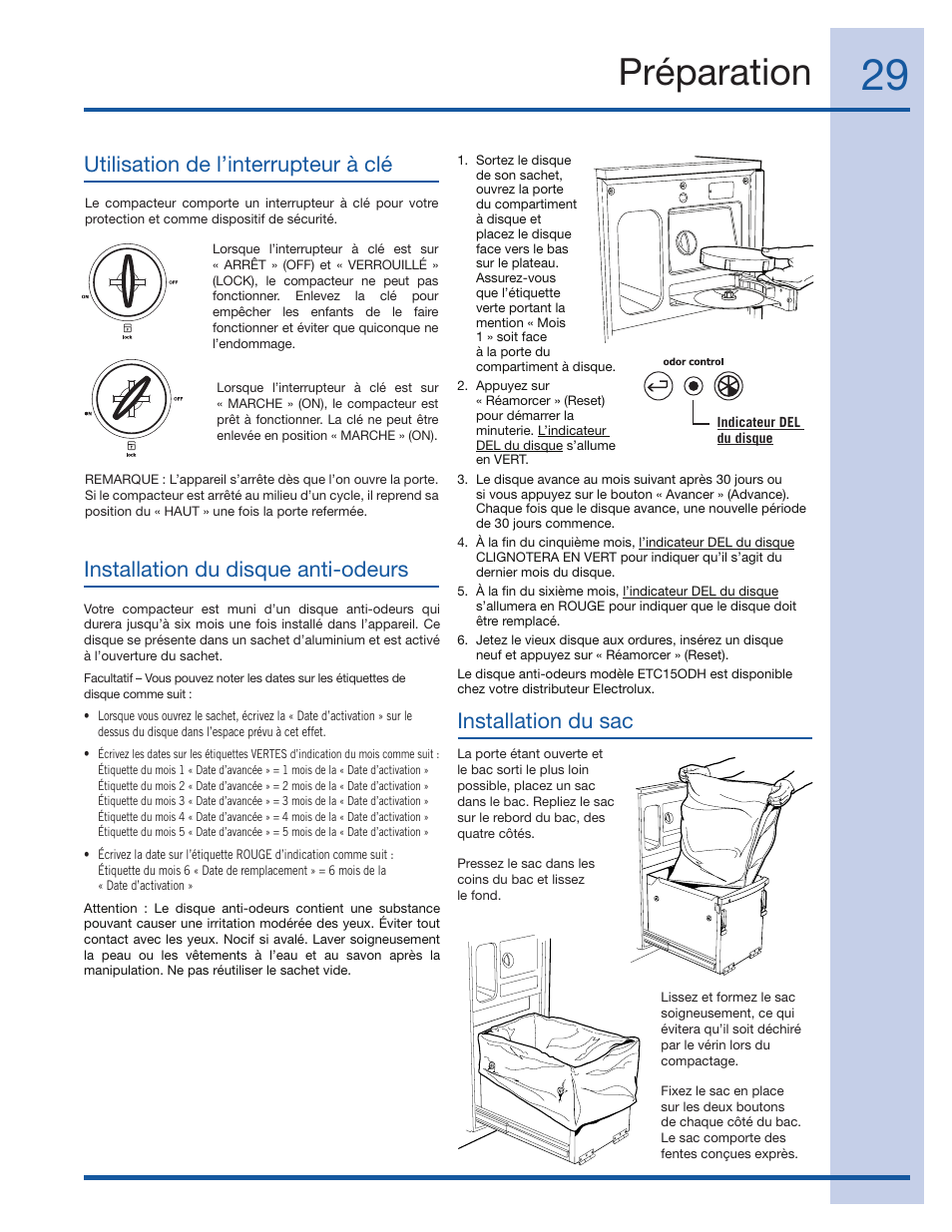 Préparation, Installation du sac | Electrolux 99526808A User Manual | Page 29 / 36