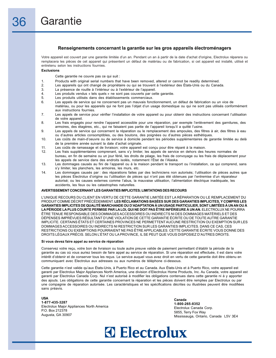 Garantie | Electrolux 99526808A User Manual | Page 36 / 36