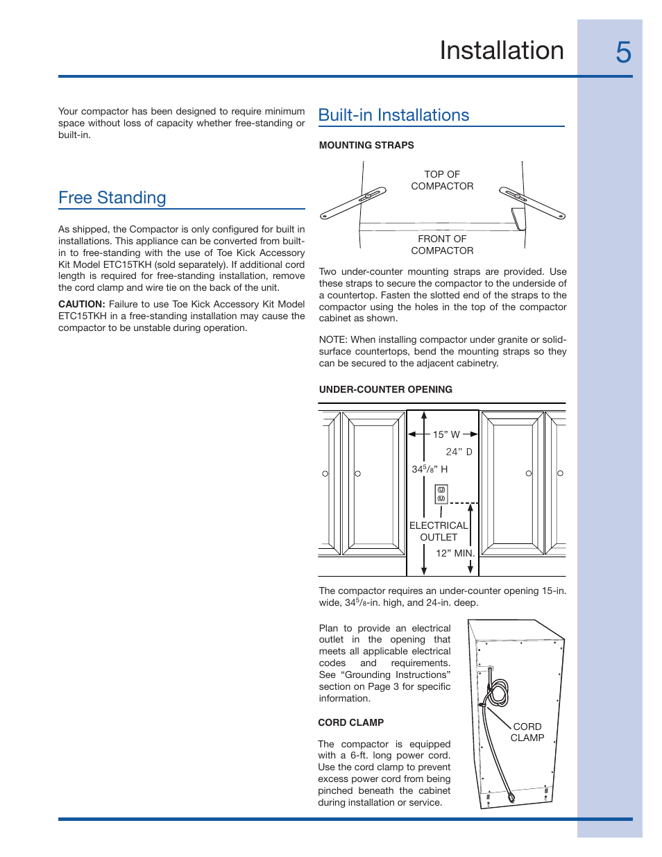 Installation, Free standing built-in installations | Electrolux 99526808A User Manual | Page 5 / 36