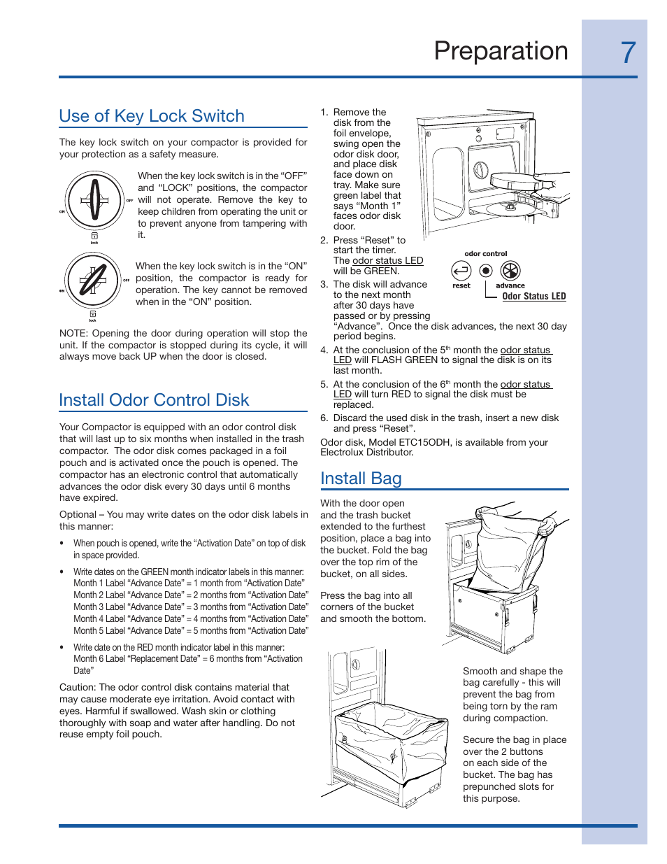 Preparation, Use of key lock switch install odor control disk, Install bag | Electrolux 99526808A User Manual | Page 7 / 36
