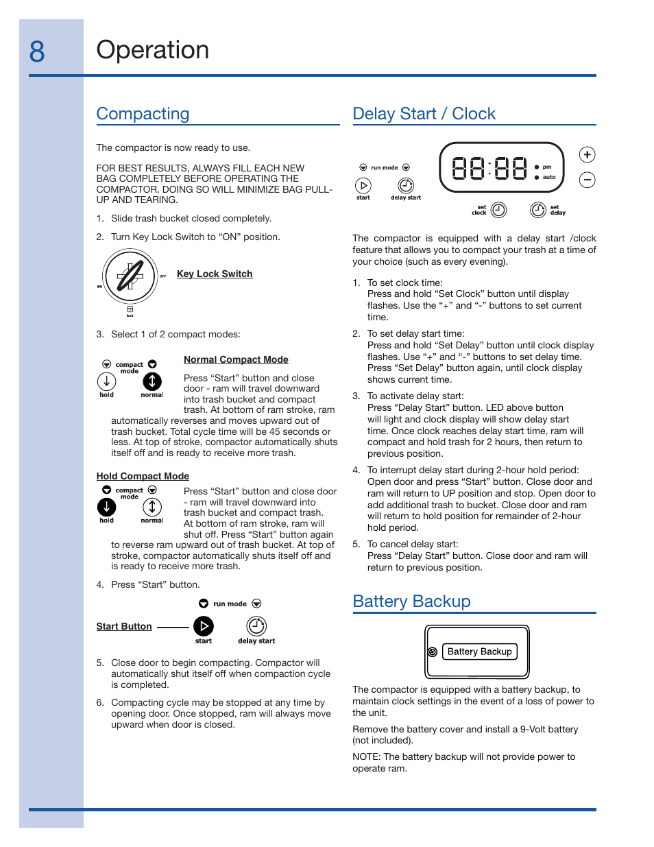 Operation, Compacting delay start / clock battery backup | Electrolux 99526808A User Manual | Page 8 / 36