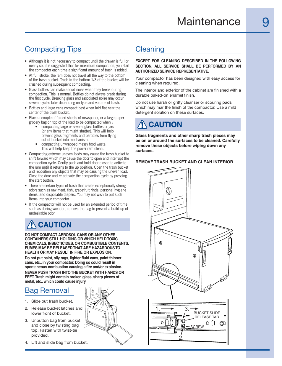 Maintenance, Compacting tips cleaning, Bag removal | Electrolux 99526808A User Manual | Page 9 / 36