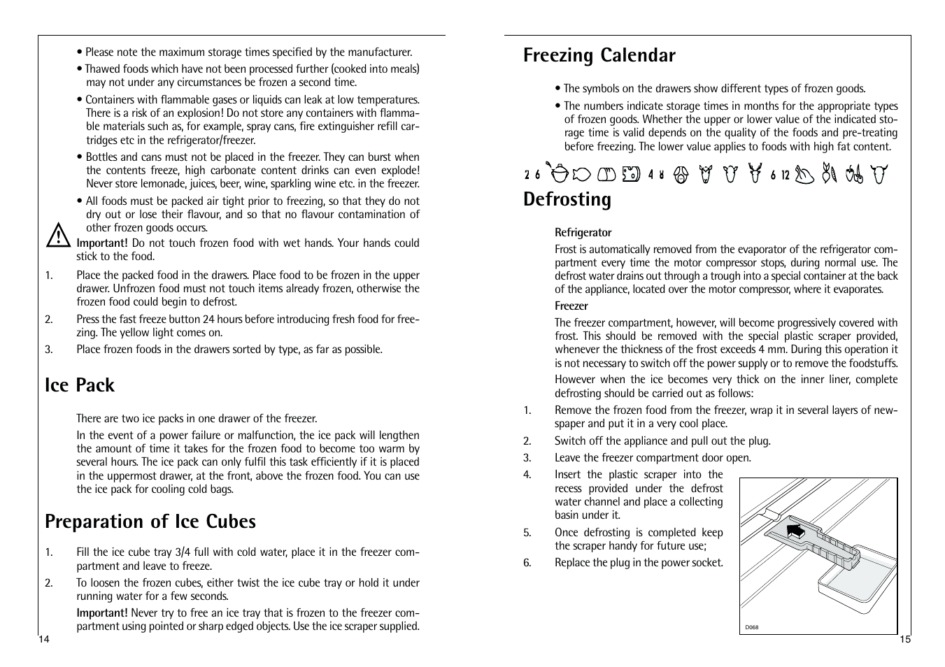 Ice pack, Preparation of ice cubes, Freezing calendar | Defrosting | Electrolux C 9 18 43-4i User Manual | Page 14 / 28