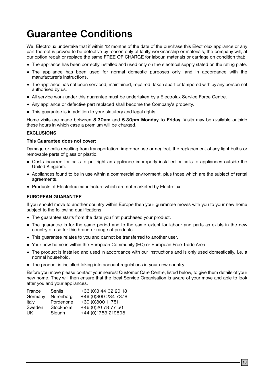 Guarantee conditions | Electrolux ECN 2757 User Manual | Page 13 / 16