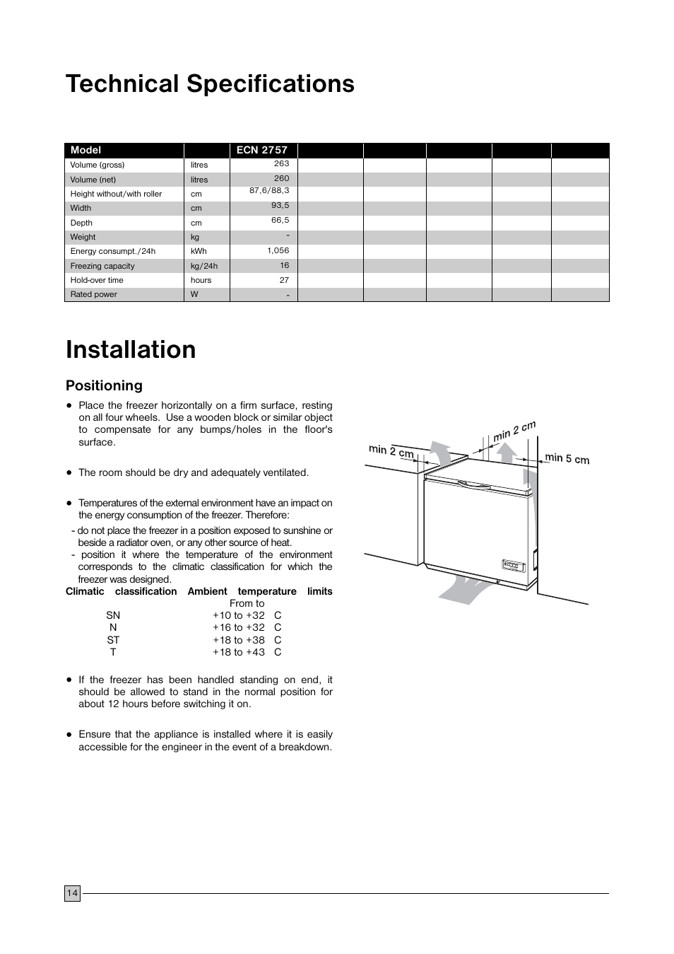 Technical specifications installation, Positioning | Electrolux ECN 2757 User Manual | Page 14 / 16