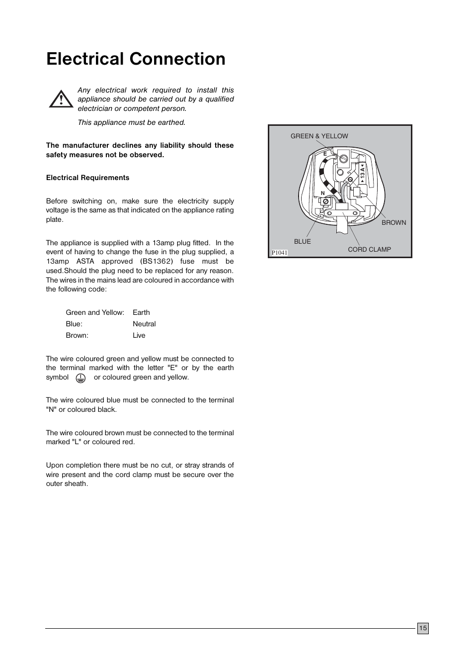 Electrical connection | Electrolux ECN 2757 User Manual | Page 15 / 16