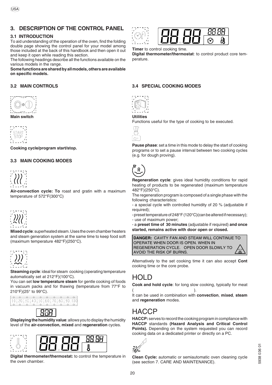 Hold, Haccp, Description of the control panel | Electrolux Air-O-Steam 267552 User Manual | Page 20 / 32