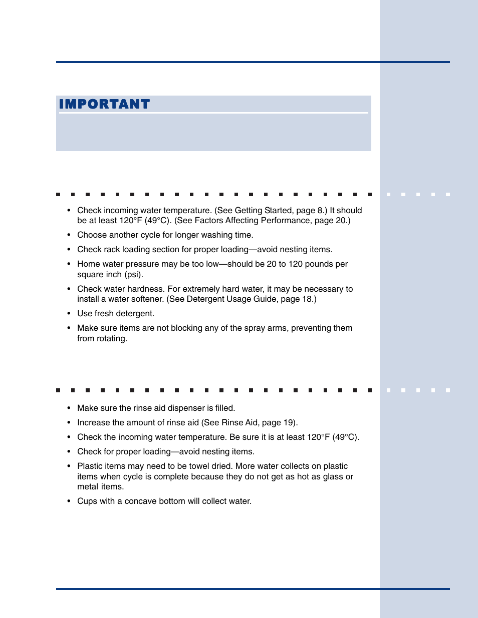 Solutions to common problems, Food soils left on dishes, Dishes not dry | Electrolux Built-In Dishwasher User Manual | Page 22 / 28