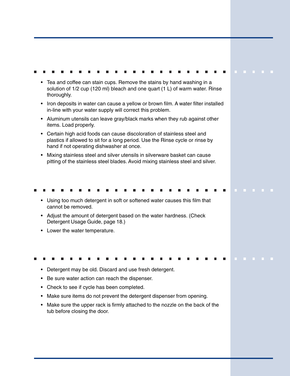 Solutions to common problems, Dishware stained or discolored, Etching | Detergent left in dispenser cup | Electrolux Built-In Dishwasher User Manual | Page 24 / 28