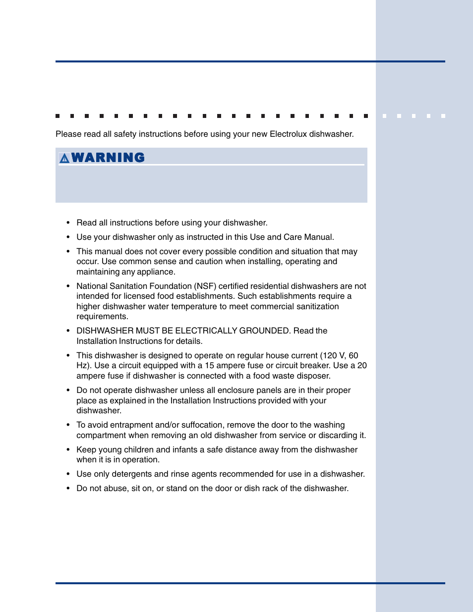 Safety, Important safety instructions, Warning | Electrolux Built-In Dishwasher User Manual | Page 4 / 28