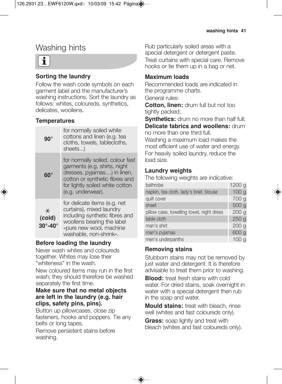 Washing hints | Electrolux EWF 6120 W User Manual | Page 14 / 33