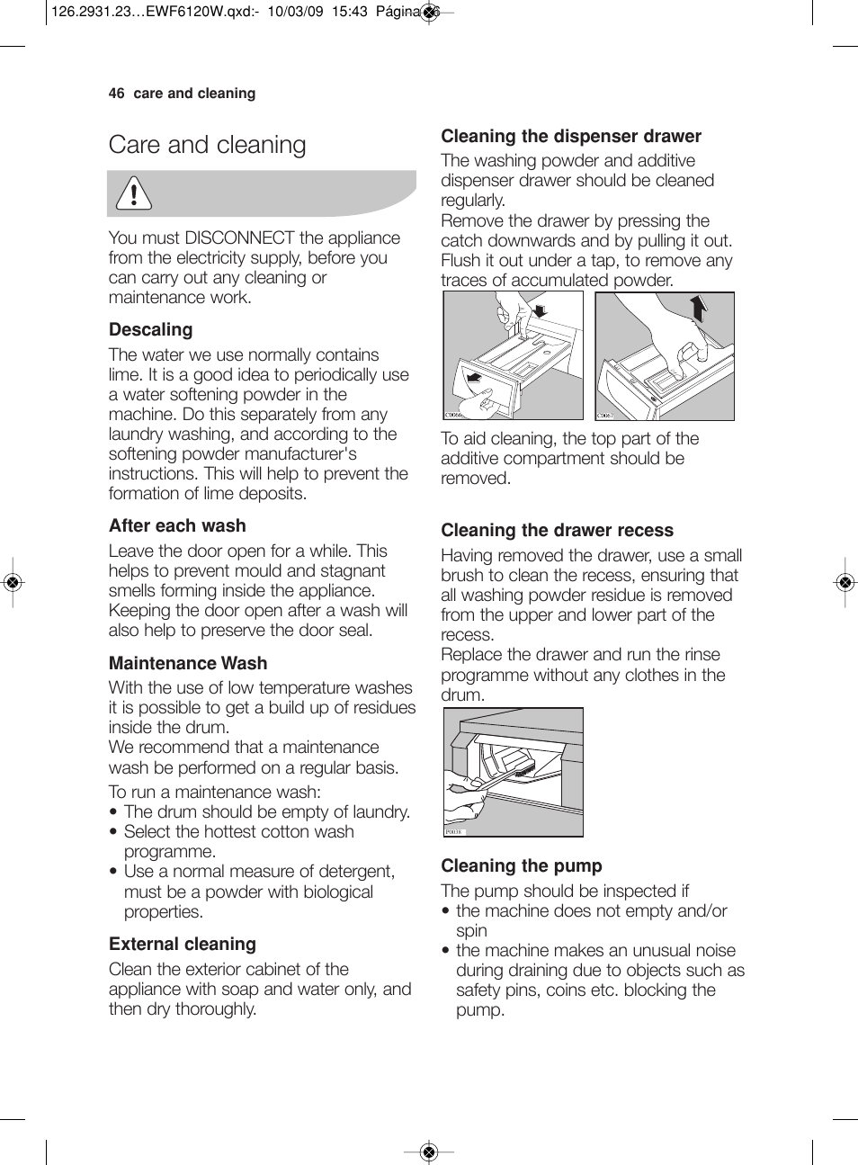 Care and cleaning | Electrolux EWF 6120 W User Manual | Page 19 / 33