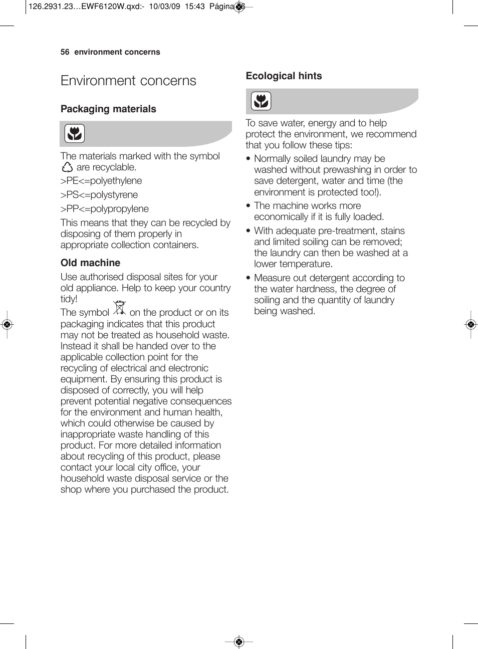 Environment concerns | Electrolux EWF 6120 W User Manual | Page 29 / 33