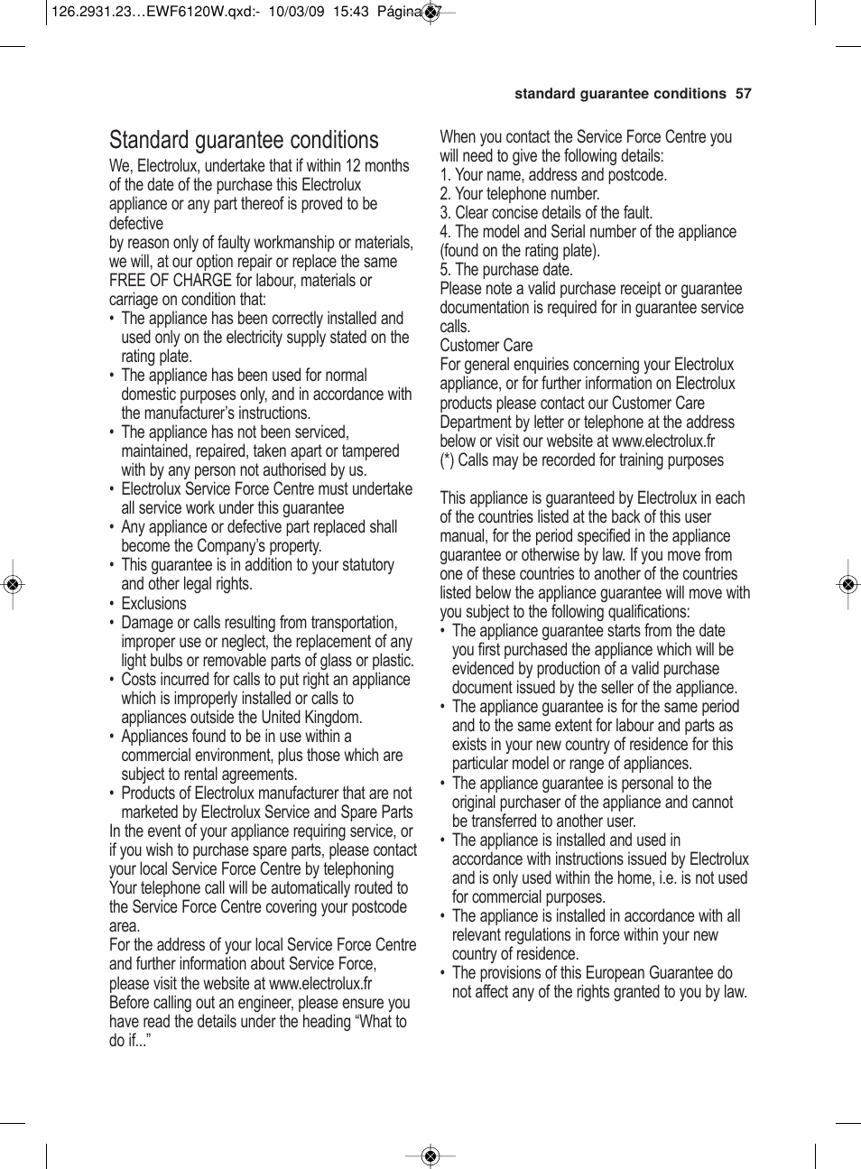 Standard guarantee conditions | Electrolux EWF 6120 W User Manual | Page 30 / 33