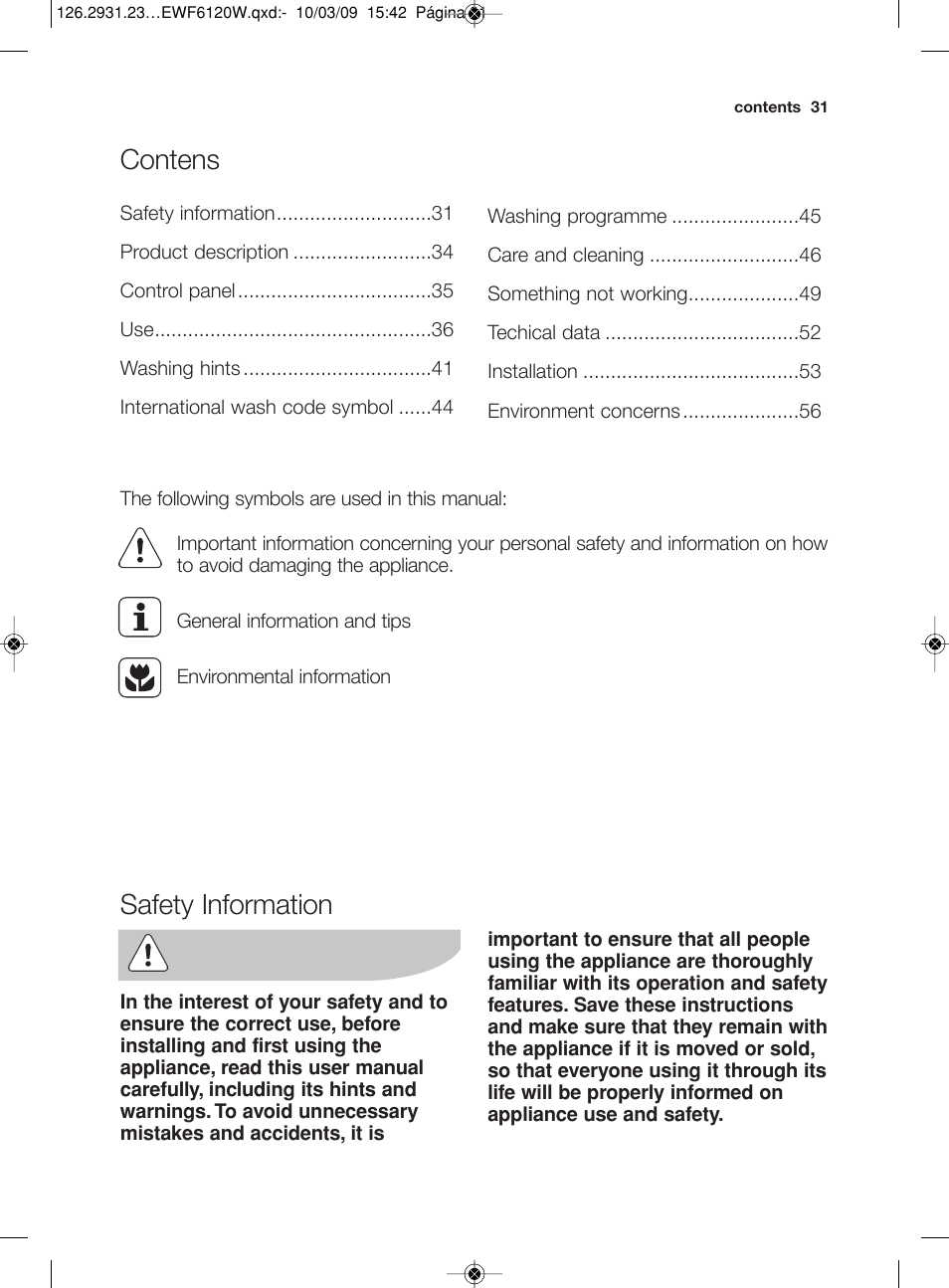Contens, Safety information | Electrolux EWF 6120 W User Manual | Page 4 / 33