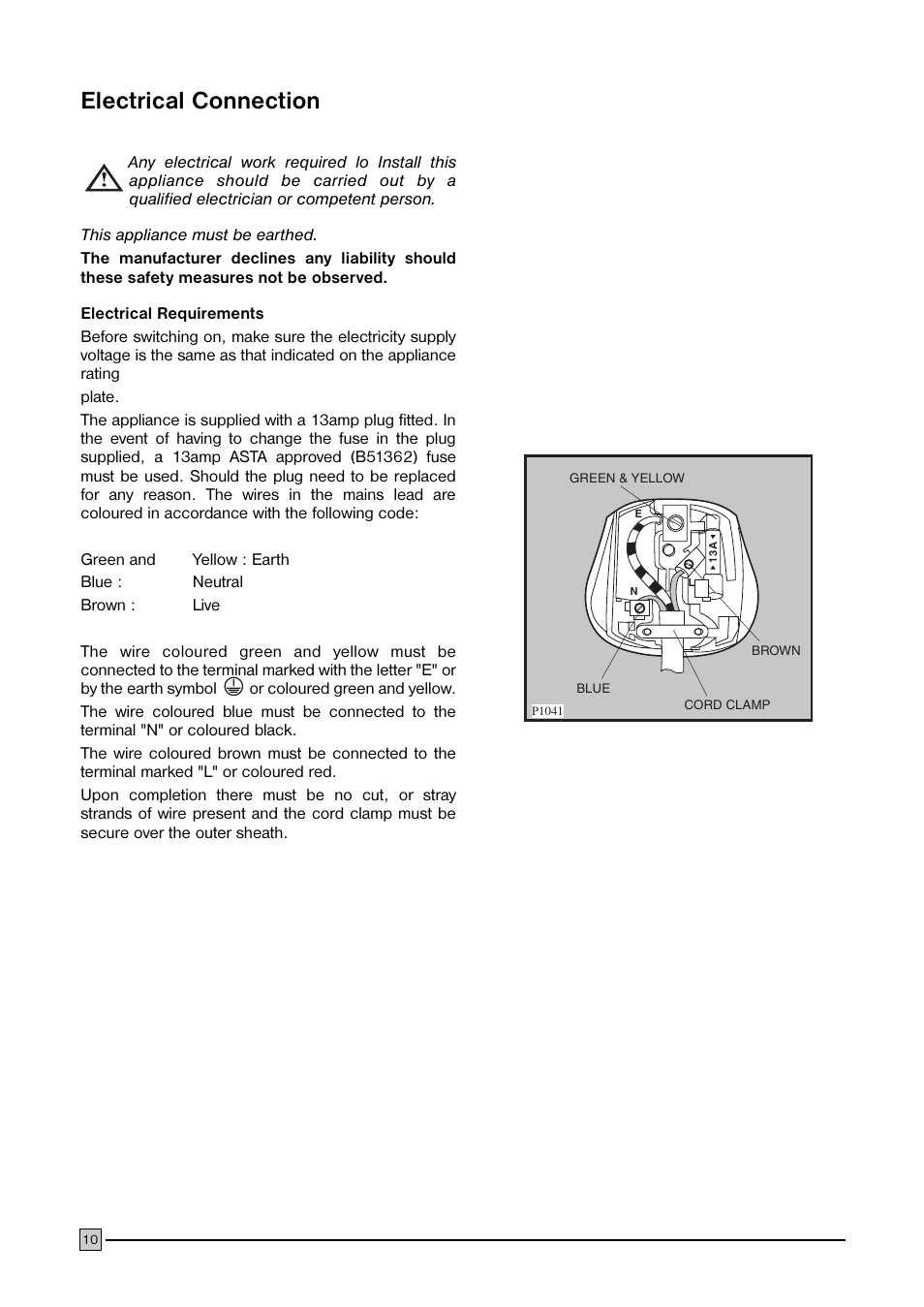 Electrical connection | Electrolux ECN 1040 User Manual | Page 10 / 12