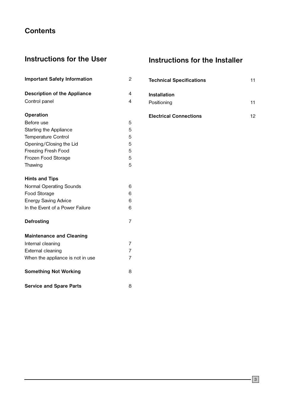 Contents instructions for the user, Instructions for the installer | Electrolux ECN 1040 User Manual | Page 3 / 12