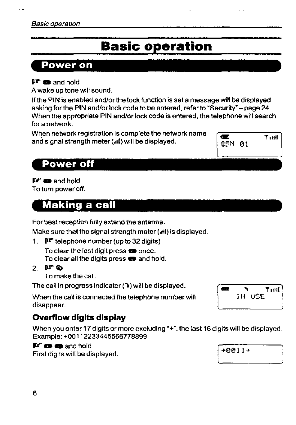 Basic operation, Power on, Power off | Making a call, Overflow digite display | Panasonic G350 User Manual | Page 10 / 68