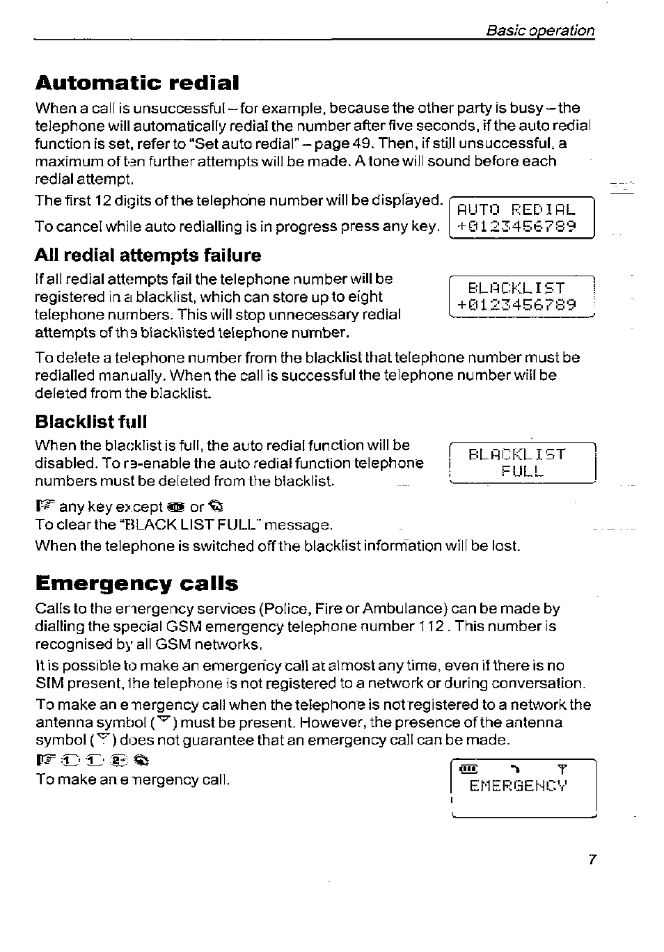 Automatic redial, All redial attempts failure, Blacklist full | Emergency calls | Panasonic G350 User Manual | Page 11 / 68