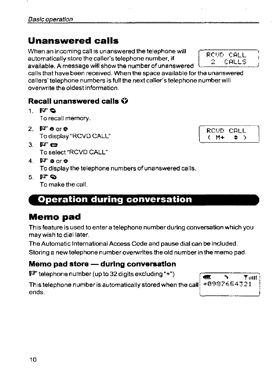 Unanswered calls, Recall unanswered calls o, Operation during conversation | Memo pad, Memo pad store — during conversation | Panasonic G350 User Manual | Page 14 / 68