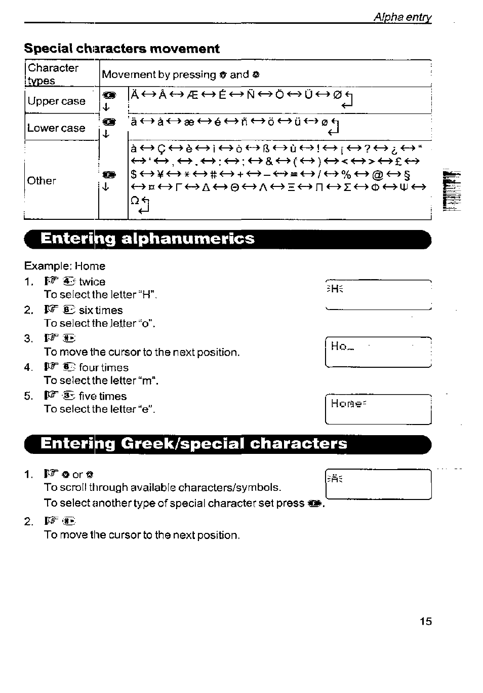 Special characters movement, G alphanumerics, G greek/special characters | Panasonic G350 User Manual | Page 19 / 68