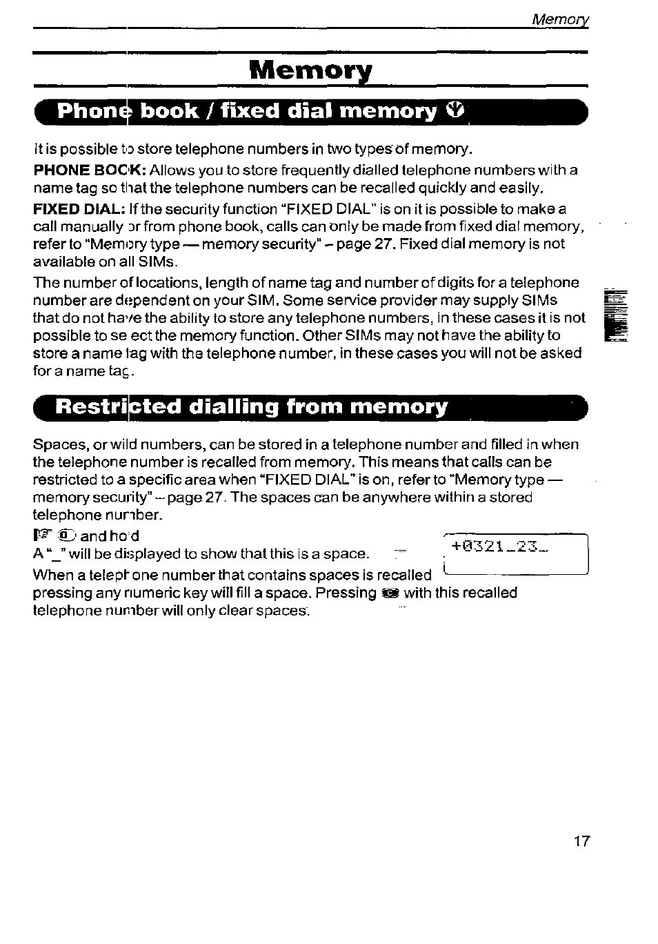 Memory, Book / fixed dial memory o, Ted dialling from memory | Panasonic G350 User Manual | Page 21 / 68