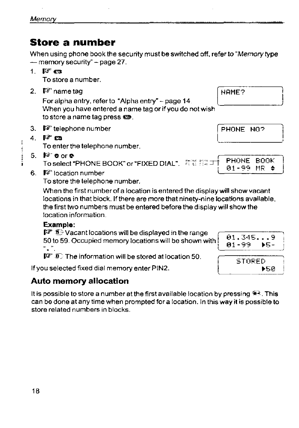 Store a number, Auto memory allocation, I®" e* i | Phone ho-i | Panasonic G350 User Manual | Page 22 / 68