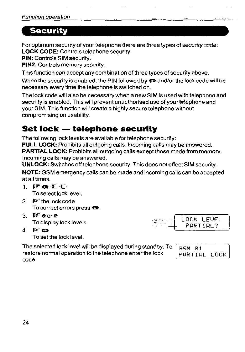 Security, Set lock — telephone security | Panasonic G350 User Manual | Page 28 / 68